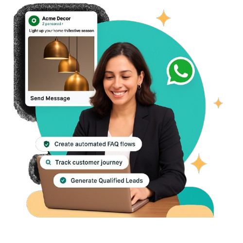 Smiling business professional using laptop with Tata Tele's Smartflo WhatsApp features from Creative IT Solutions: automated FAQs, customer journey tracking, and lead generation.